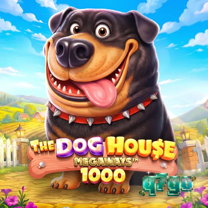 Interface vibrante e animada do slot The Dog House Megaways 1000 com personagens caninos.