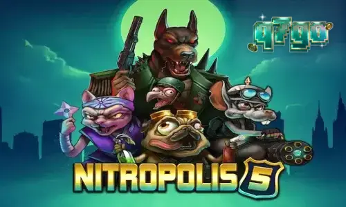 Cena vibrante e urbana do jogo Nitropolis 5 com personagens animais e elementos de ação.